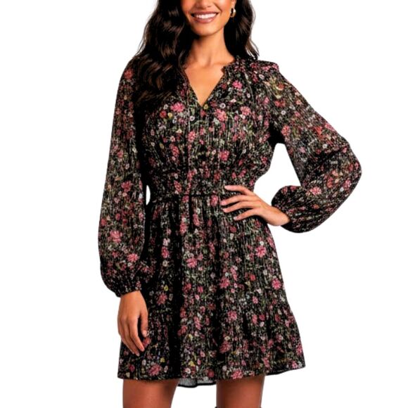 Old Navy Dresses & Skirts - NWT Old Navy Women's Long Sleeve Floral Boho Mini Dress M Tall Black Metallic